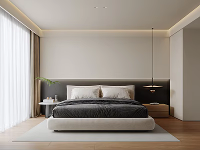 Modern Bedroom Interior With Bed Headboard Black Bedding Hanging Lamp Window Curtains And Wooden Floor 3d model