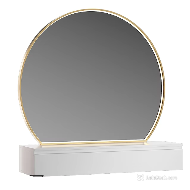 Stylish Round Gold Frame Mirror On White Cabinet For Home Decor 3d model 