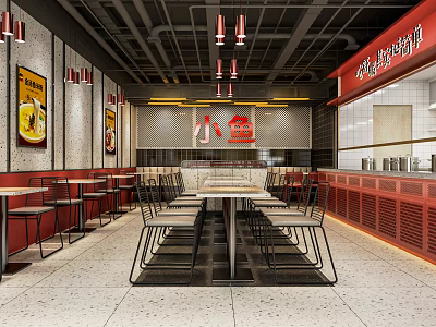 Modern Restaurant Interior With Red Decor Tables Chairs And Posters On Wall 3d model