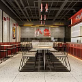 Modern Restaurant Interior With Red Decor Tables Chairs And Posters On Wall