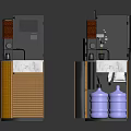Electronic Appliance With Yellow Striped Exterior Black Cabinet Open Door And White Water Jugs