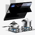 Modern Kitchen Appliances Featuring Range Hood Blue Flame Gas Stove And Cookware