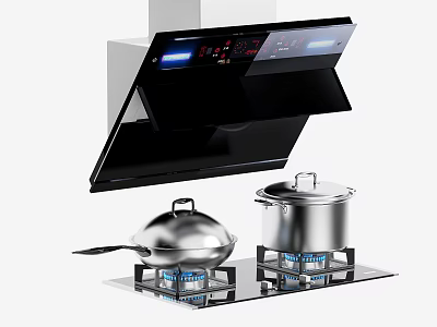 Modern Kitchen Appliances Featuring Range Hood Blue Flame Gas Stove And Cookware 3d model