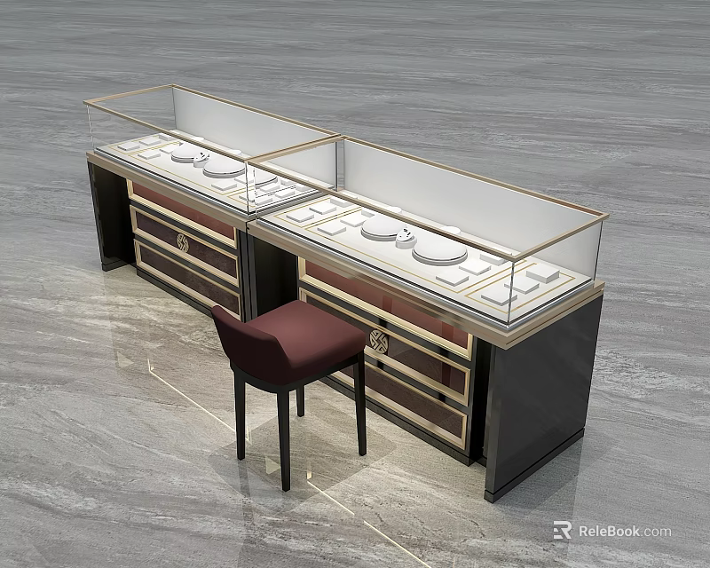 Jewelry Store Display Setup With Glass Showcase Counter Drawers And Chair 3d model 