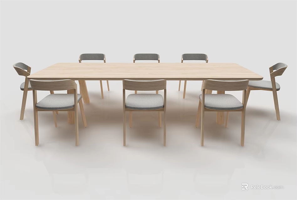 Light Wood Dining Table Set With Six Chairs And Gray Padded Seats 3d model 