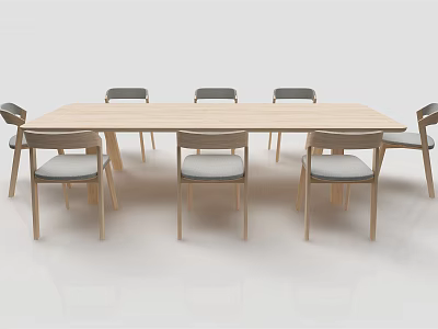 Light Wood Dining Table Set With Six Chairs And Gray Padded Seats 3d model