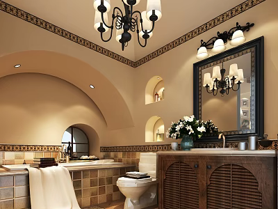 Vintage Mediterranean Bathroom Interior With Arched Walls Black Chandelier And Luxury Wooden Vanity Cabinet 3d model