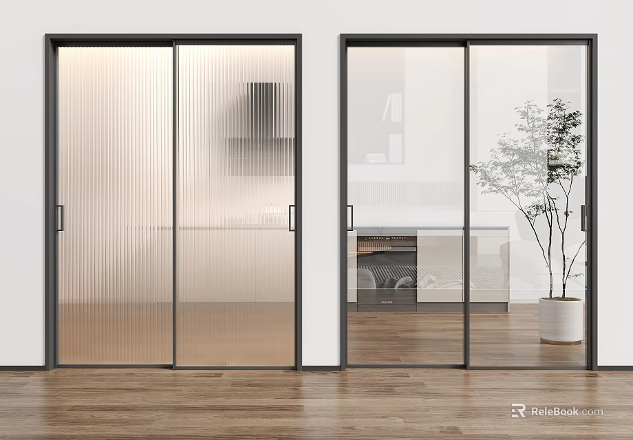 Black Framed Sliding Doors with Frosted and Clear Glass in Modern Interior Room 3d model 