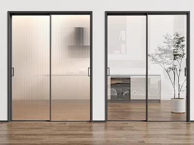 Black Framed Sliding Doors with Frosted and Clear Glass in Modern Interior Room 3d model
