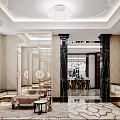 Luxurious Store Entrance With Black Gold Accents Marble Columns Wine Rack Wall Lamps