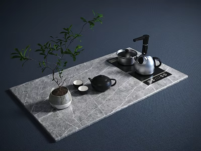 Minimalist Modern Tea Set With Teapot Cups And Green Plant On Marble Tray 3d model