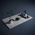 Minimalist Modern Tea Set With Teapot Cups And Green Plant On Marble Tray