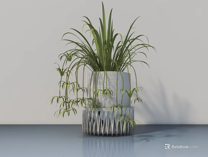 Bonsai Potted Plant With Green Foliage In Textured Gray Pot On Ornate Metal Stand 3d model 