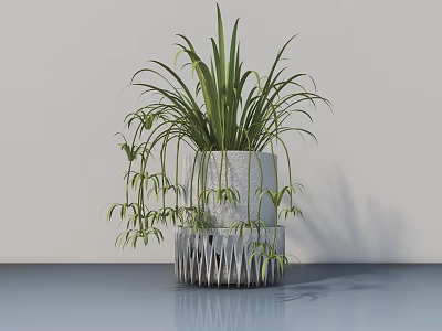 Bonsai Potted Plant With Green Foliage In Textured Gray Pot On Ornate Metal Stand 3d model