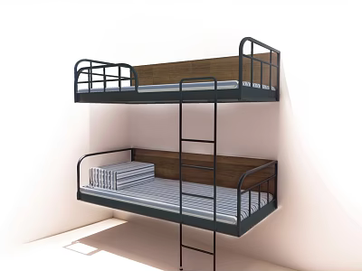 Modern Metal Frame Bunk Bed With Guardrails Ladder And Striped Mattress 3d model