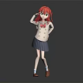 Red Haired Anime Girl In School Uniform With Hand On Head Pose Against Dark Background
