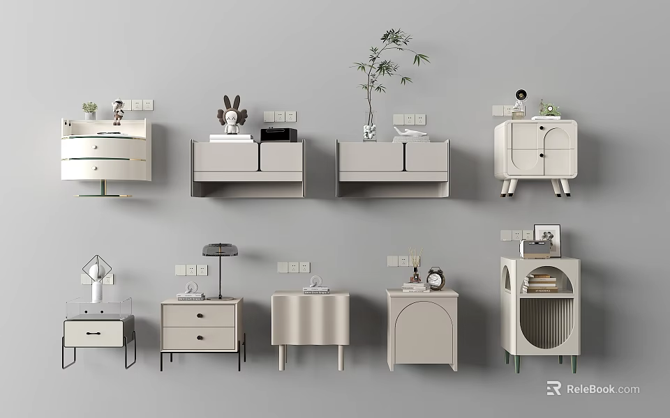 Modern Bedside Tables Interior Design With Lamps Plants And Decorative Items 3d model