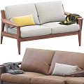 Stylish Fabric And Leather Sofas With Wooden Frame Pillows And Throw Blanket 3d model