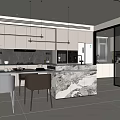 Modern Restaurant Kitchen Interior Design Open Concept With Marble Island White Cabinets And Hanging Lights