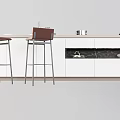Modern Home Bar Counter With White Wooden Top Marble Surface Stools And Tableware Fruit