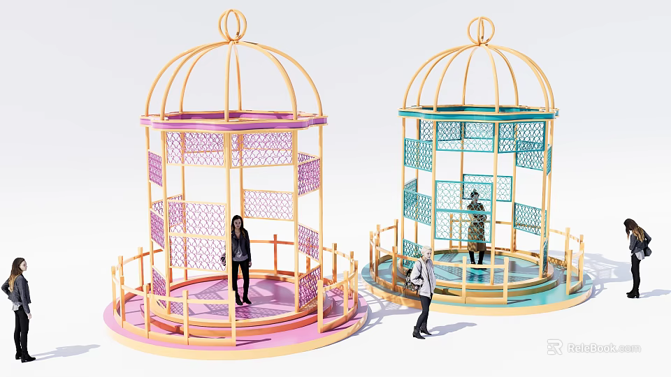 Colorful Birdcage Shaped Photo Spot With Pink Blue Metal Frame And Lattice Design 3d model 
