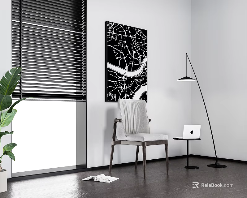 Modern Leisure Chair with Window Blinds Black and White Map Art Floor Lamp and Laptop 3d model 