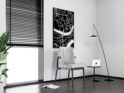 Modern Leisure Chair with Window Blinds Black and White Map Art Floor Lamp and Laptop 3d model