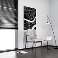 Modern Leisure Chair with Window Blinds Black and White Map Art Floor Lamp and Laptop