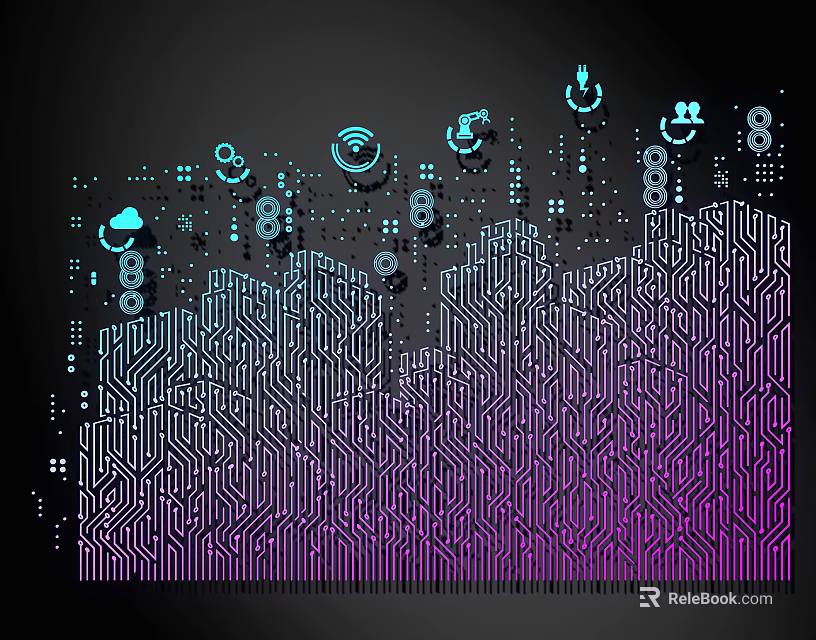 Circuit Board Line Patterns With Digital Icons On Dark Blue Purple Gradient Background 3d model 