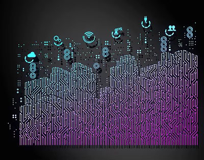 Circuit Board Line Patterns With Digital Icons On Dark Blue Purple Gradient Background 3d model