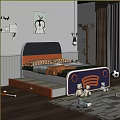 Modern Style Children's Bed With Storage Drawer Stuffed Bears Soccer Ball And Cartoon Decor