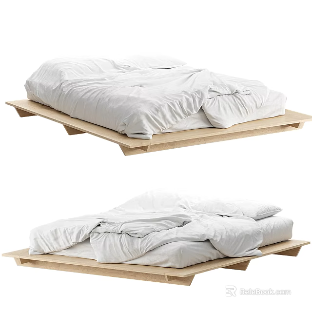 Minimalist Wooden Platform Double Bed with White Duvet and Simple Frame Design 3d model 