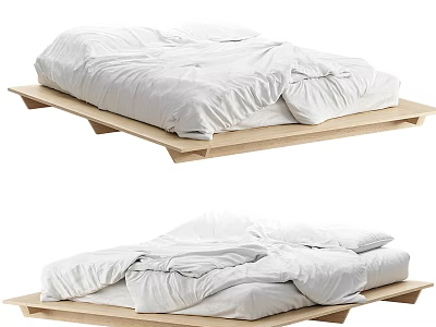 Minimalist Wooden Platform Double Bed with White Duvet and Simple Frame Design 3d model