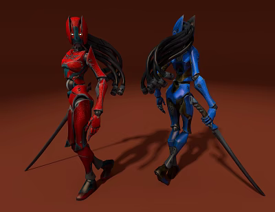 Game And Movie Characters In Red And Blue Combat Suits With Long Hair And Swords 3d model