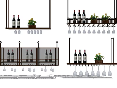 Modern Wine Cabinet Design With Hanging Wine Bottles Glasses And Decorative Plants 3d model
