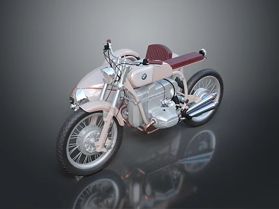 BMW Classic Motorcycle With Beige Body Red Seat And Shiny Exhaust 3d model