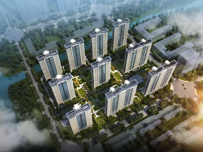 Aerial View Residential Planning With High Rise Buildings Greenery River And Surrounding Roads 3d model