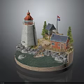 Scenic Lighthouse and Red Cabin Model with Trees Small Boat Rocks and Water Area