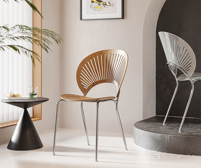 Wooden and Metal Leisure Chairs with Fan-shaped Backrest Indoor Side Table Plant Window 3d model 