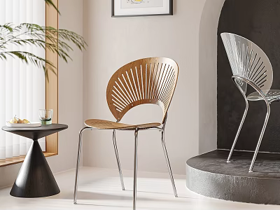 Wooden and Metal Leisure Chairs with Fan-shaped Backrest Indoor Side Table Plant Window 3d model
