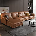 Modern Brown Leather Sectional Sofa Living Room Interior With Coffee Table And Wooden Wall