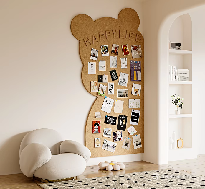 Bear Shaped Corkboard Wall Decor with Happy Life Text Photos Cards White Armchair and Bookshelf 3d model 