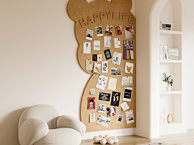 Bear Shaped Corkboard Wall Decor with Happy Life Text Photos Cards White Armchair and Bookshelf 3d model