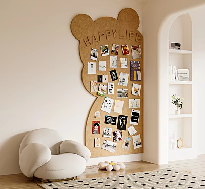 Bear Shaped Corkboard Wall Decor with Happy Life Text Photos Cards White Armchair and Bookshelf 3d model