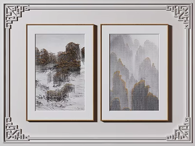 Two Chinese Landscape Paintings with Traditional Border Frames on White Wall 3d model