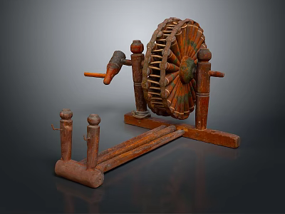 Ancient Wooden Spinning Wheel With Large Wheel And Spindle Structure Parts 3d model