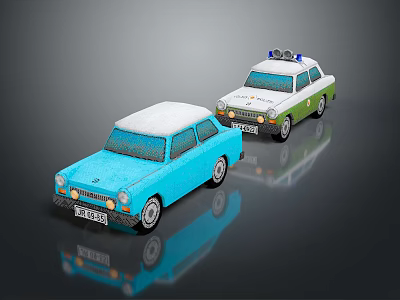 Toy Cars Display Blue Vehicle With White Roof And Police Car With Emergency Lights 3d model
