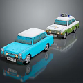 Toy Cars Display Blue Vehicle With White Roof And Police Car With Emergency Lights