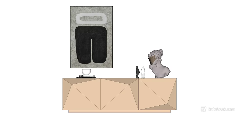 Geometric Wooden TV Stand With TV Screen Decorative Sculpture And Abstract Painting 3d model 