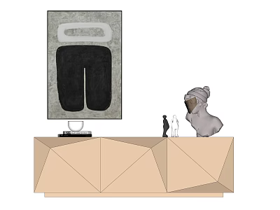 Geometric Wooden TV Stand With TV Screen Decorative Sculpture And Abstract Painting 3d model